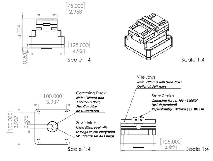 3" (75mm) Rotary AutoVise™ - Self-Centering CNC Air Vise for 4th/5th Axis Rotaries